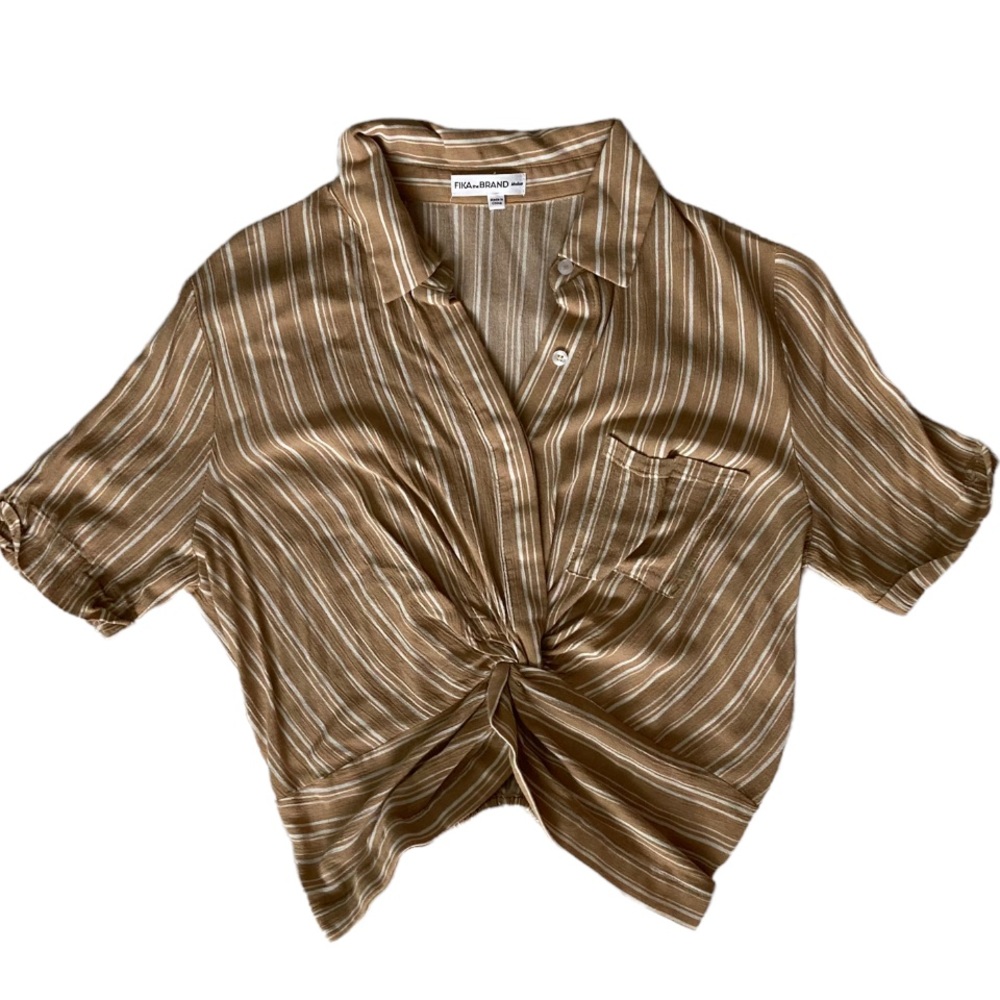 Tan and white striped button-up crop top. Size medium. Fika the Brand.